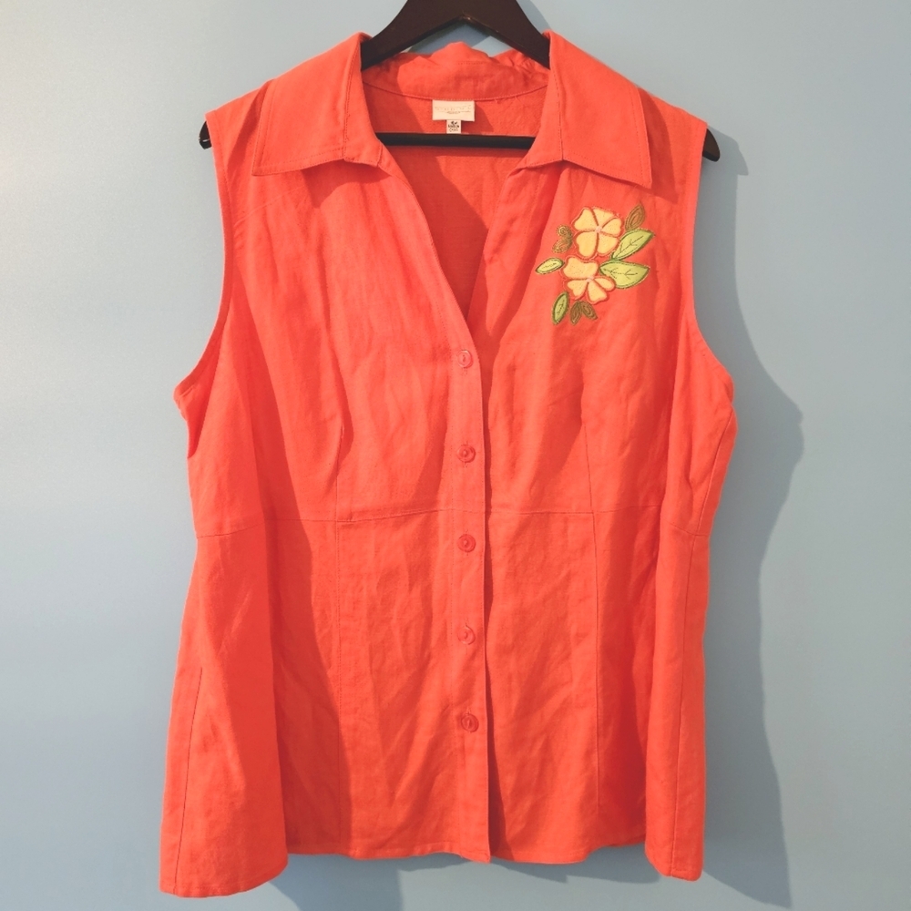 Studio C Plus 18W Orange Linen/Rayon V-neck Button Front Sleeveless Top